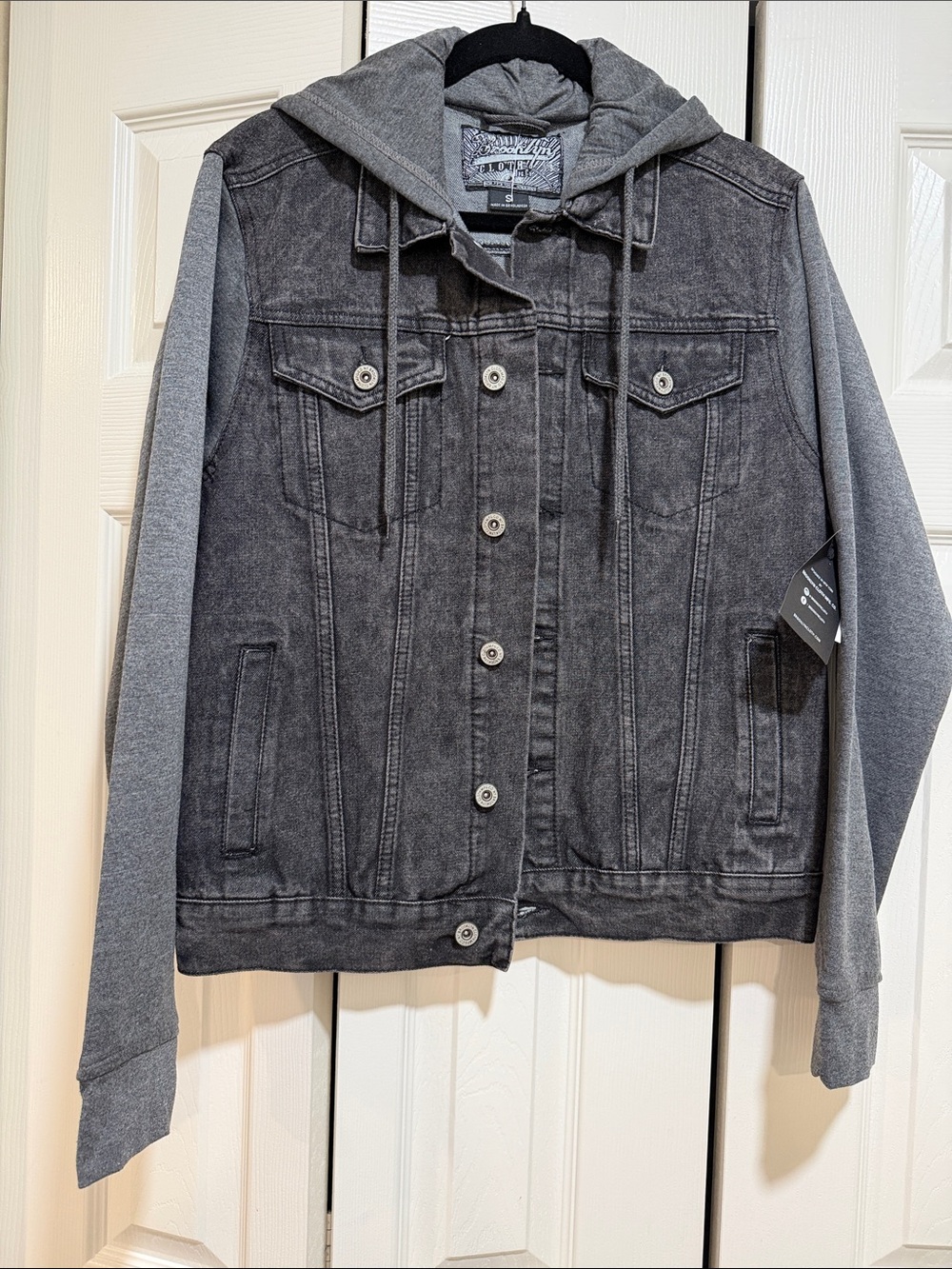 Gray Hooded Denim Jacket with Knit Sleeves